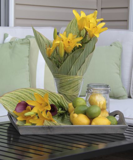 Yellow lilies, canna leaves, lemons and limes